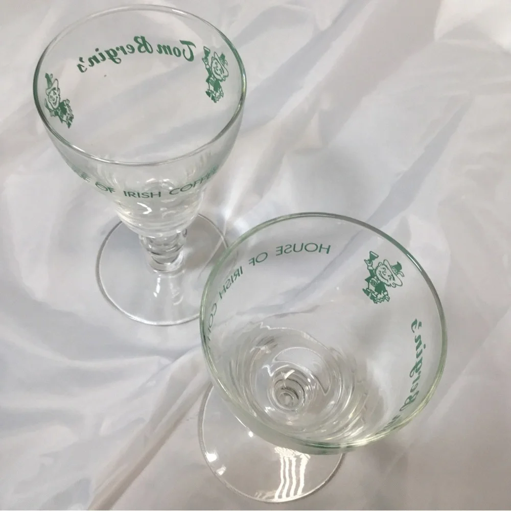 2 Tom Bergin’s House Of Irish Coffee Glasses 5.5” Leprechaun Stem VTG Green